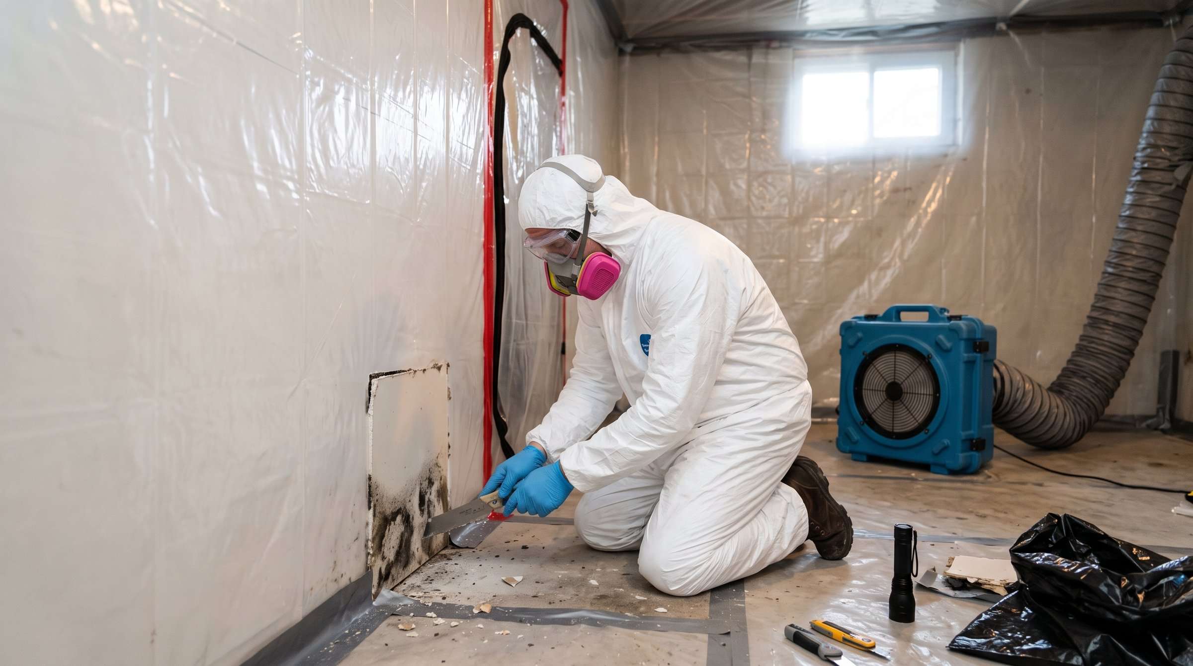 Mould remediation worker in a protective suit and respirator removing mouldy drywall inside a plastic containment area, with an air scrubber running